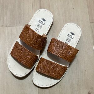 Brown Embossed Leather Sandals